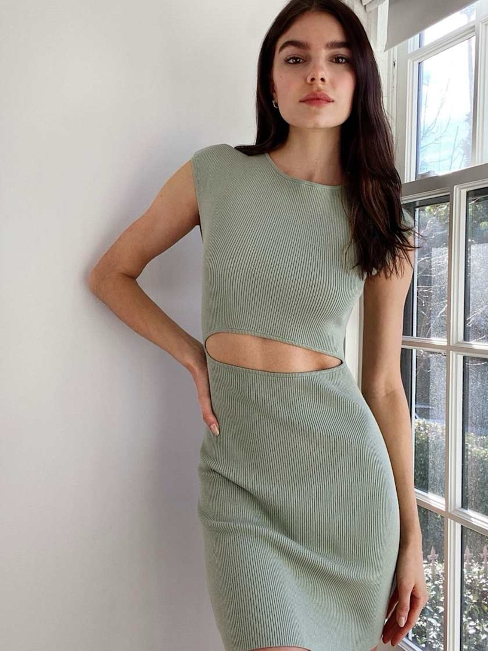 Wilfred Sage Green Ribbed Cutout Mini Dress